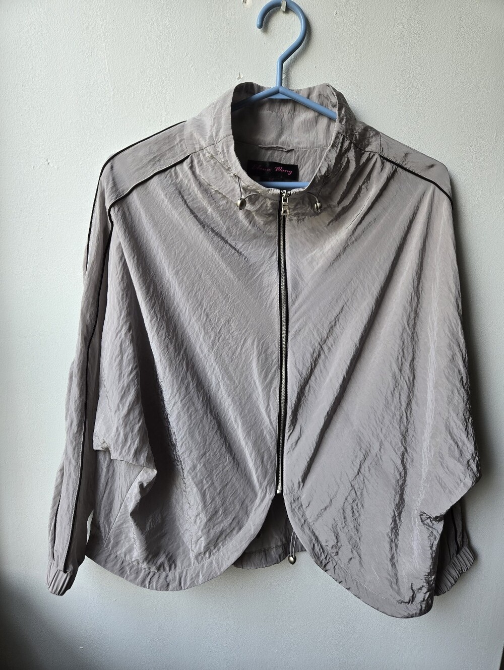 Elena Wang Women's Sm Windbreaker Jacket Silver Gray Drawstring Y2K Black Piping